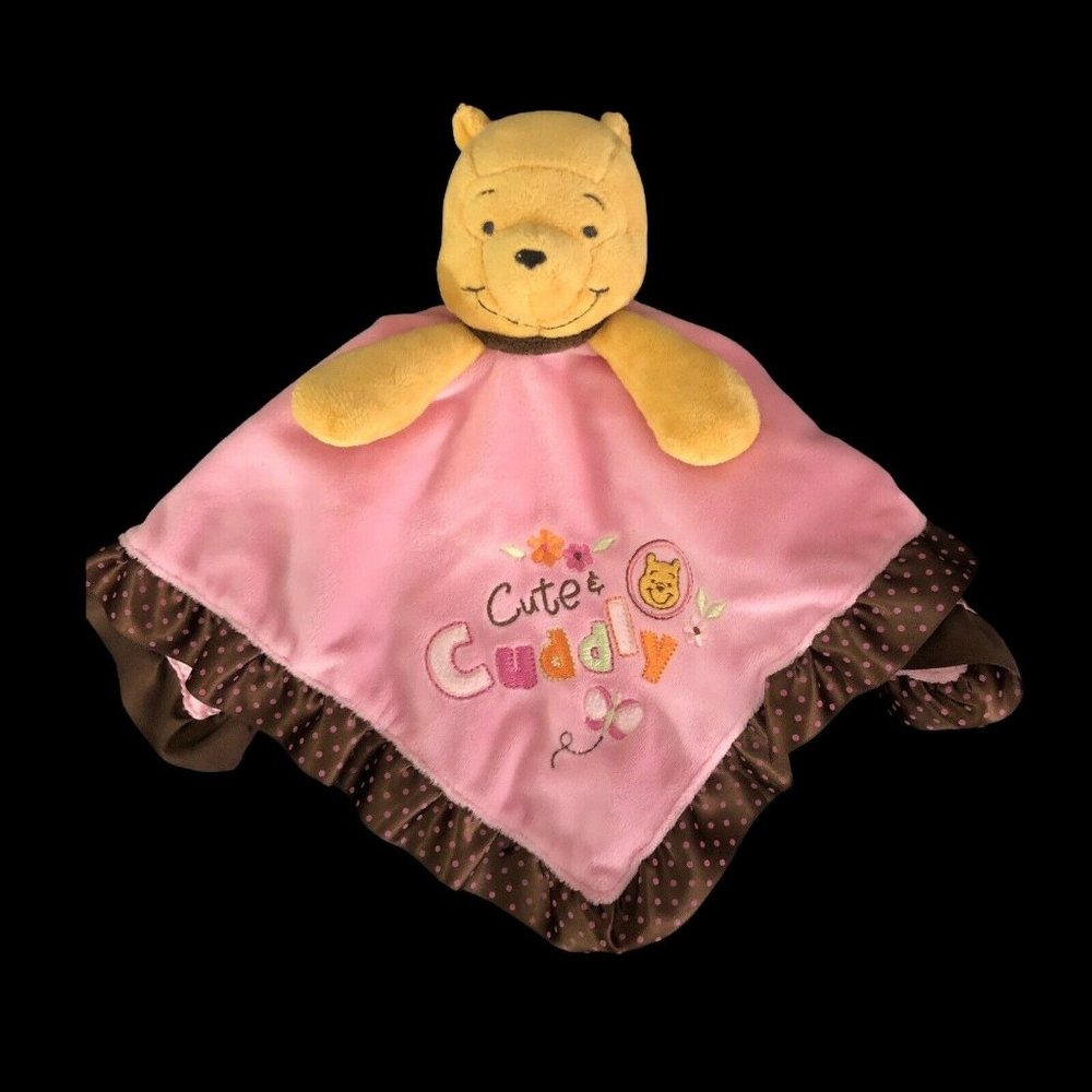 Disney Winnie The Pooh Lovey Security Blanket Satin Trim Pink Brown 14”